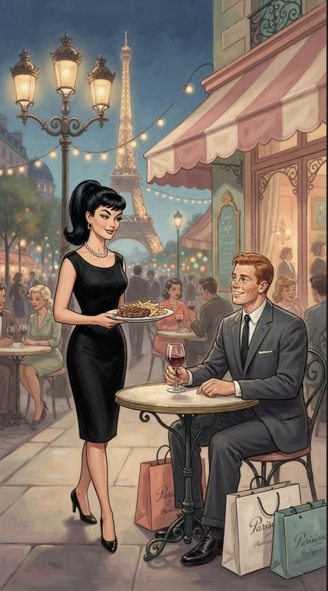 An illustrated Paris café at dusk: a waitress in a black dress serves a smiling man at a café table, with the Eiffel Tower lit up behind them